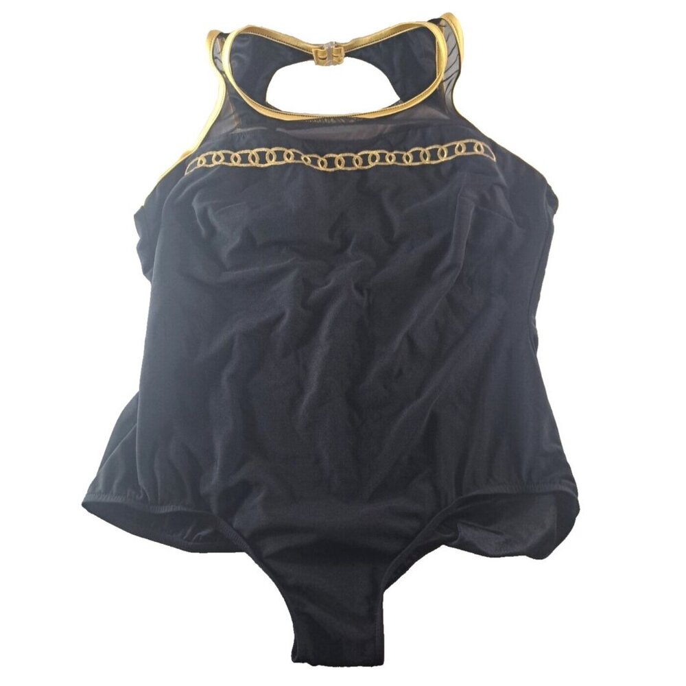 Vintage Womens Swimsuit One Piece Black Mesh Gold Trim Hollywood Regency 24 W